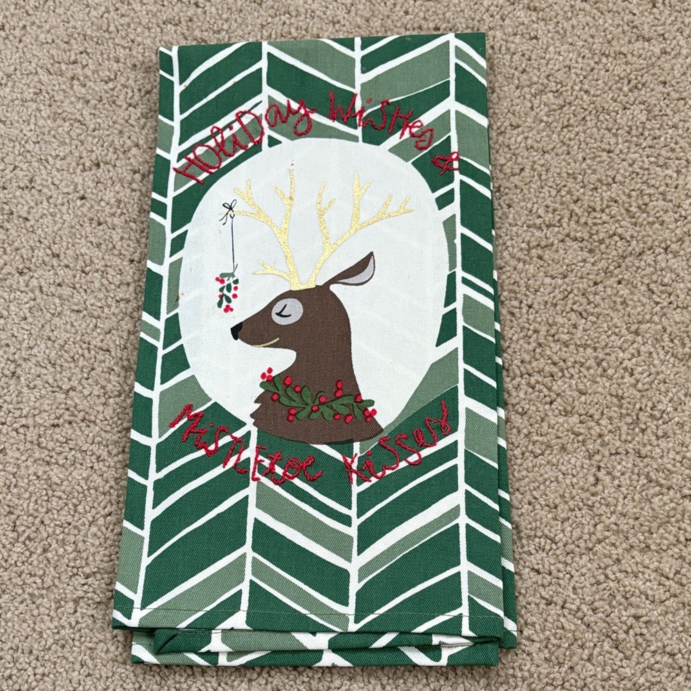 Festive Green and White Reindeer Towel